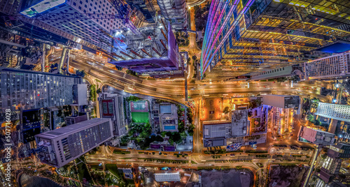 Hong Kong city at night from aerial view 