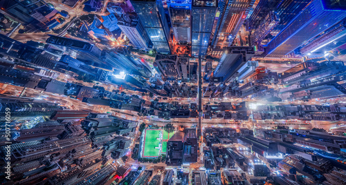 Hong Kong city at night from aerial view  