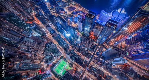 Hong Kong city at night from aerial view  