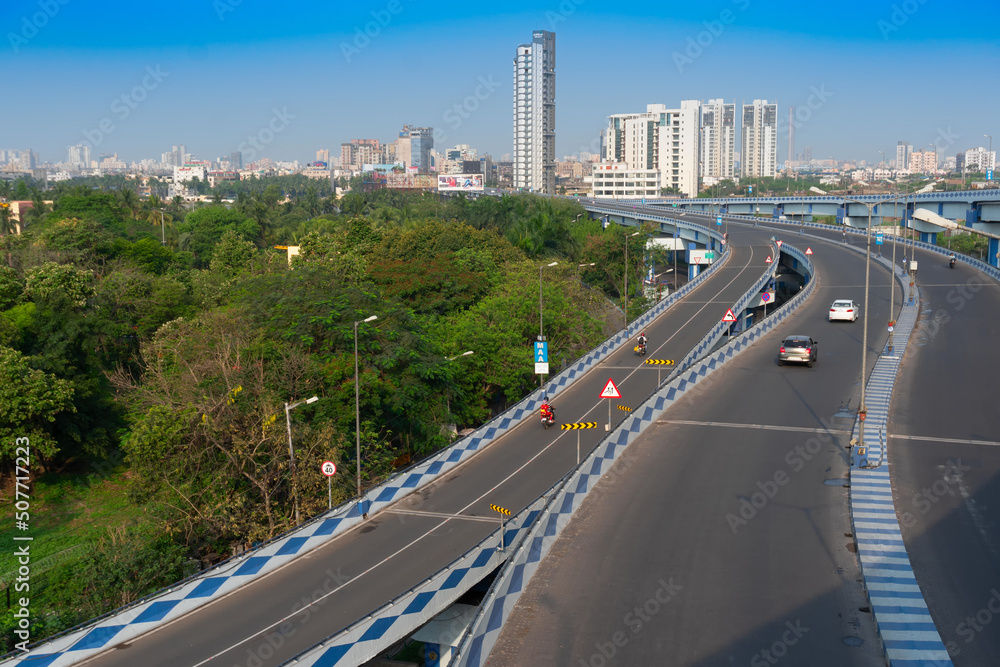 Kolkata, West Bengal, India - January 1st 2016 : Parama Island flyover, popularly known as Ma or Maa flyover is a long flyover. From Alipore to Eastern Metropolitan Bypass of Kolkata.