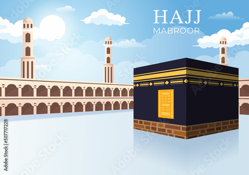 Hajj or Umrah Mabroor Cartoon Illustration with Makkah Kaaba Suitable for Background, Poster or Landing Page Templates