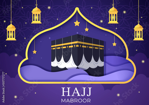 Hajj or Umrah Mabroor Cartoon Illustration with Makkah Kaaba Suitable for Background, Poster or Landing Page Templates