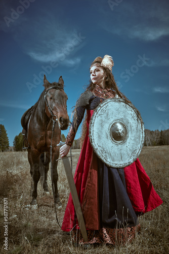 Fototapeta woman warrior on battlefield