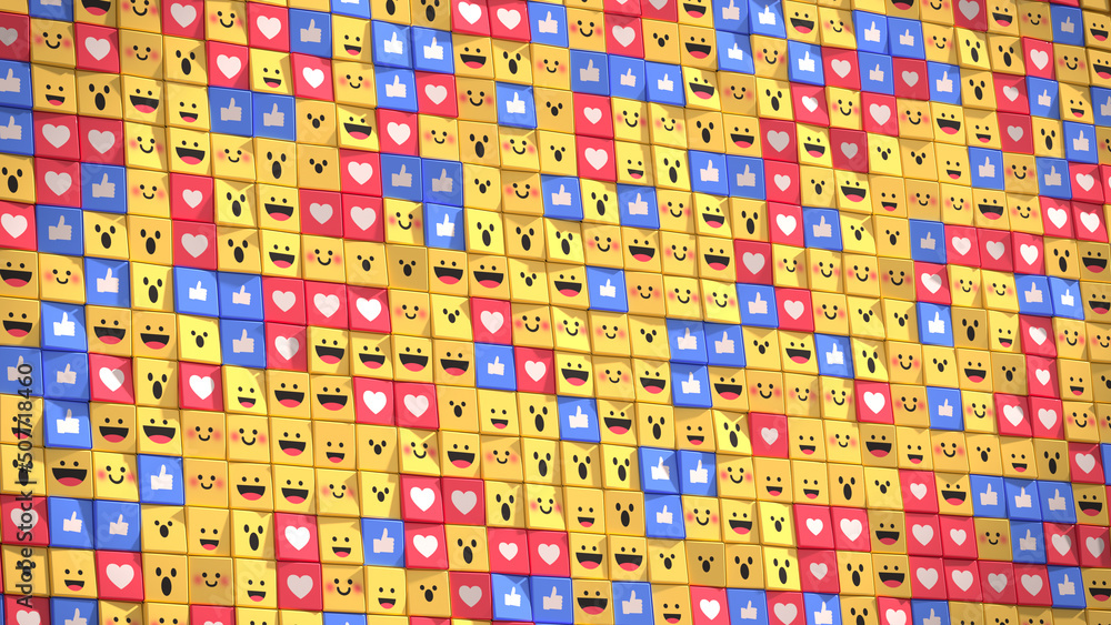 Social media unique design emojis and likes 3D render Social media unique design emojis and likes 3D render