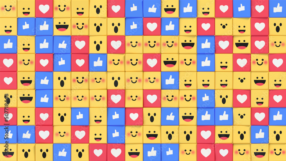 Social media unique design emojis and likes 3D render Social media unique design emojis and likes 3D render