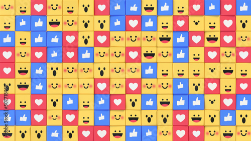 Social media unique design emojis and likes 3D render