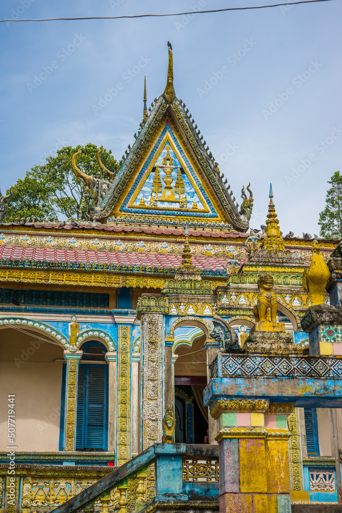 Fototapeta premium view of Chikaeng Krom pagoda in Tri Ton town, one of the most famous Khmer pagodas in An Giang province, Mekong Delta, Vietnam. Travel and religious concept.