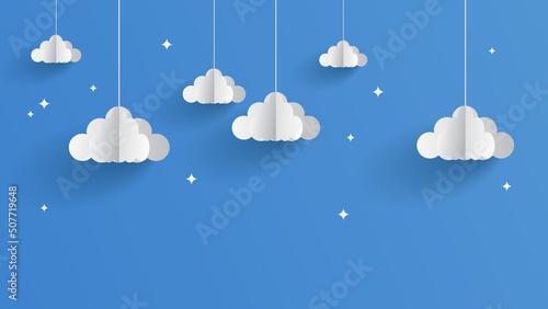 Paper art of clouds hanging in blue sky background vector illustration