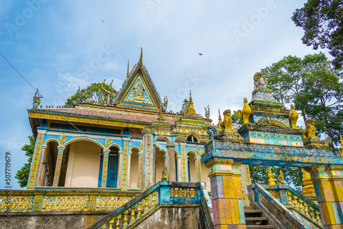 view of Chikaeng Krom pagoda in Tri Ton town, one of the most famous Khmer pagodas in An Giang province, Mekong Delta, Vietnam. Travel and religious concept.