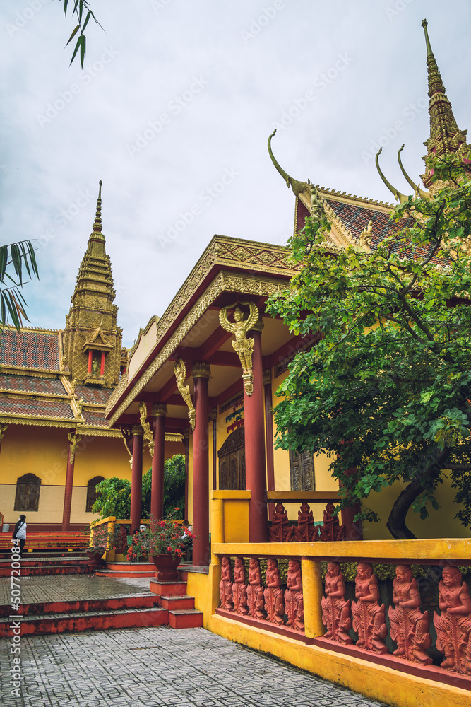 Naklejka premium view of Ta Pa pagoda in Ta Pa hill, Tri Ton town, one of the most famous Khmer pagodas in An Giang province, Mekong Delta, Vietnam.