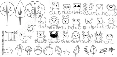 Woodland Animals Bundle,wild animals, Coloring Forest , Big collection of decorative for kids, baby characters, card,hand drawn, cartoon style, .vector illustration