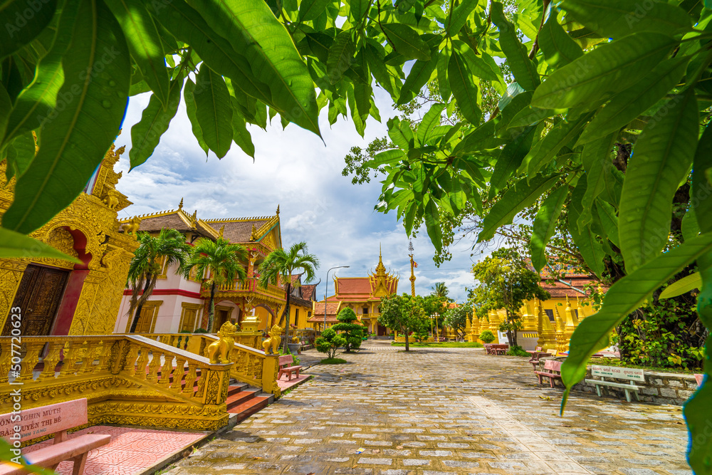 view of Xa Ton or Xvayton pagoda in Tri Ton town, one of the most famous Khmer pagodas in An Giang province, Mekong Delta, Vietnam.