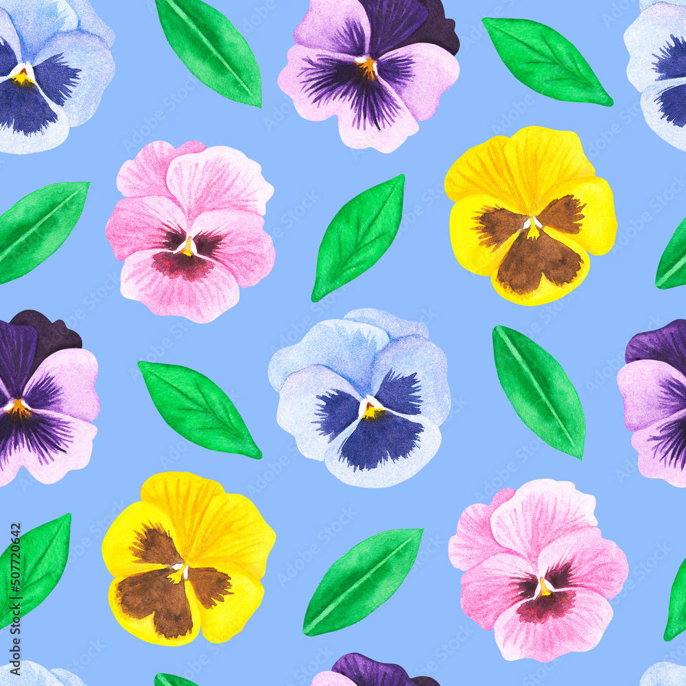 Seamless violet pattern. Pansies. Watercolor illustration. Isolated on a blue background. Seamless violet pattern. Pansies. Watercolor illustration. Isolated on a blue background.