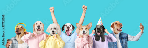 Photography Many cute dogs with human bodies on light blue background