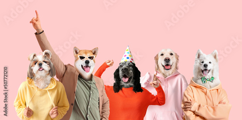Many cute dogs with human bodies on pink background © Pixel-Shot