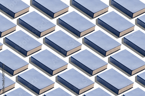 Many blue books on white background. Pattern for design