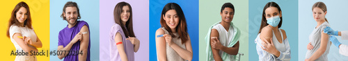 Fotografía Different people with applied medical patch after vaccination on colorful backgr