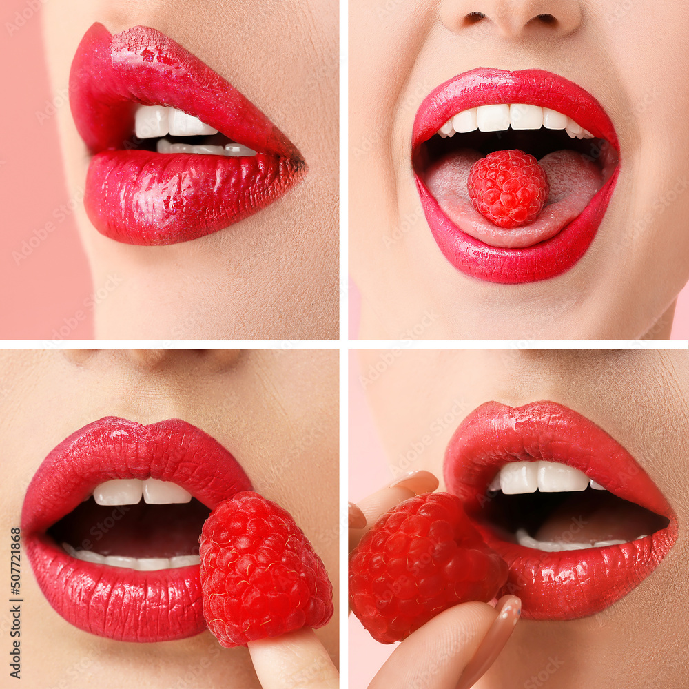 Obraz premium Set of beautiful young woman with pink lips and raspberry, closeup