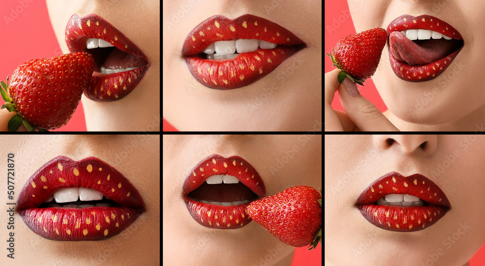 Obraz premium Collage with unusual lips of beautiful young woman eating strawberry, closeup