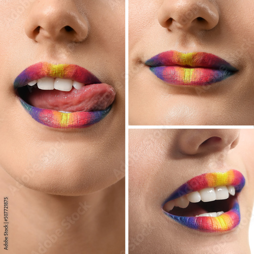 Collage with beautiful rainbow female lips, closeup