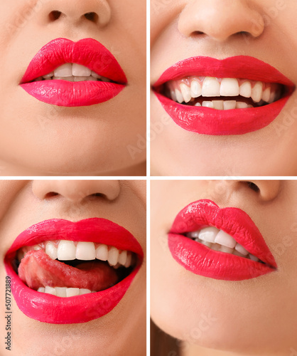 Collage with beautiful bright female lips  closeup