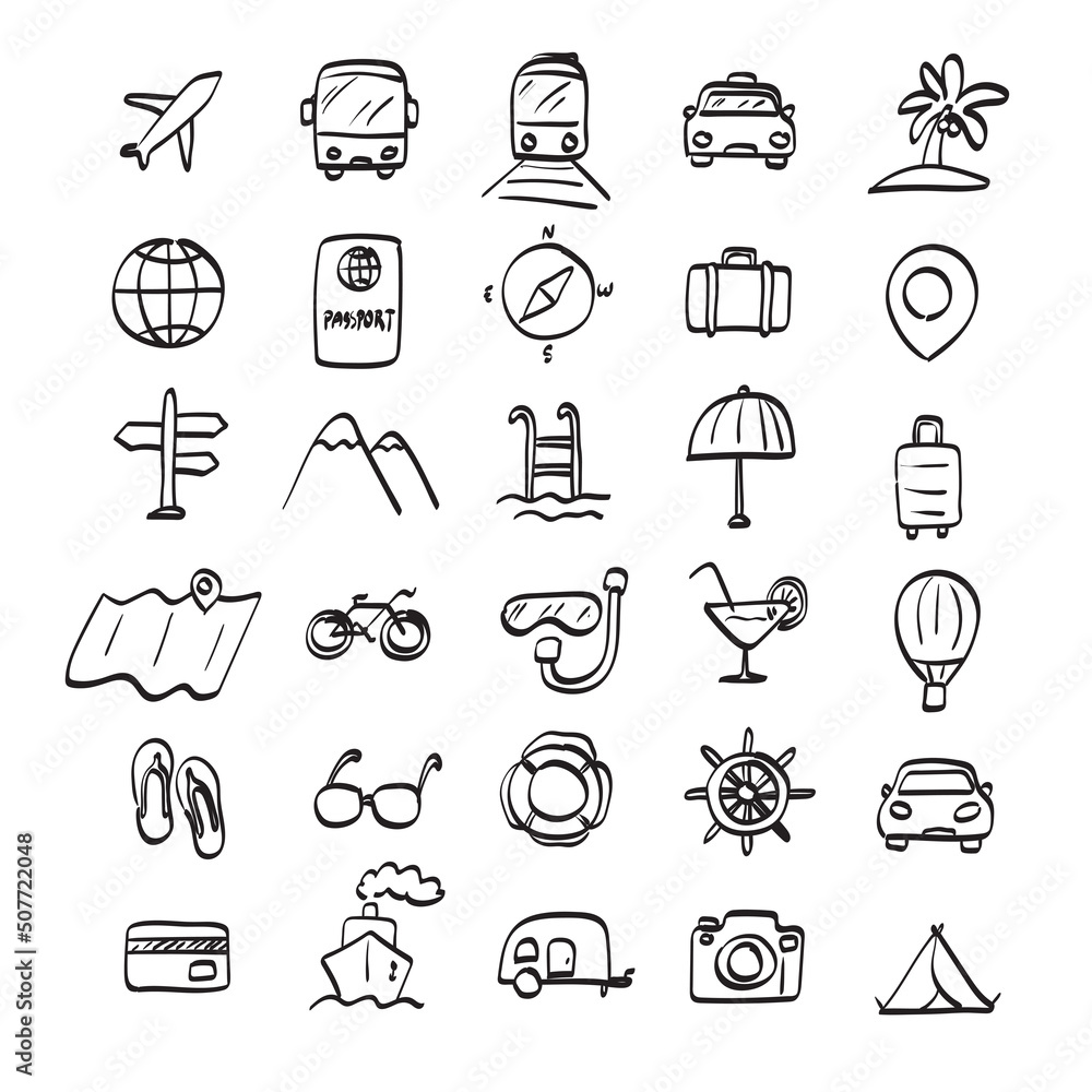 Fototapeta premium travel icon set illustration vector hand drawn isolated on white background line art.