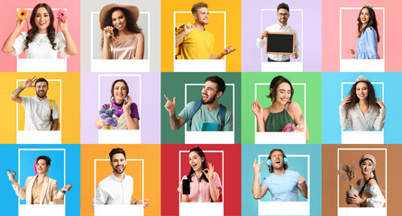 Set of different people looking out of photo frames on colorful background