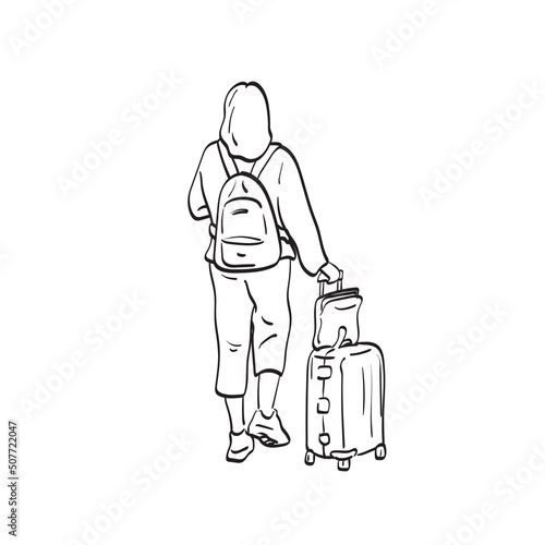 rear view of woman with her luggage for travel illustration vector hand drawn isolated on white background line art.