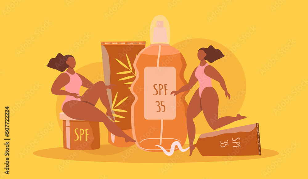 vector hand drawn illustration - tanning and sun protection products and two tanned girls. sun protection creme, spray, lotion.  trend illustration in flat style