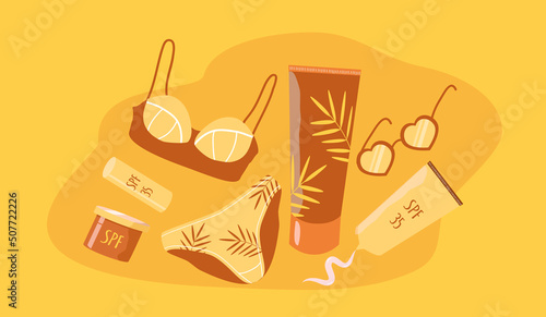 vector illustration in a flat style - a set of items for a beach holiday. bikini swimsuit. suntan lotion, spf cream, sunglasses
