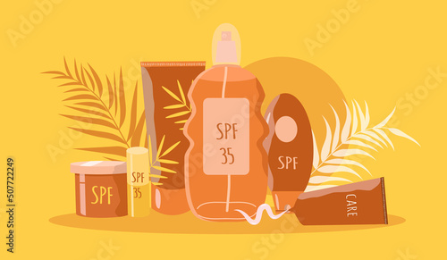 vector hand drawn illustration - tanning and sun protection products and palm leaves. sun protection creme, spray, lotion, lipstick. trend illustration in flat style