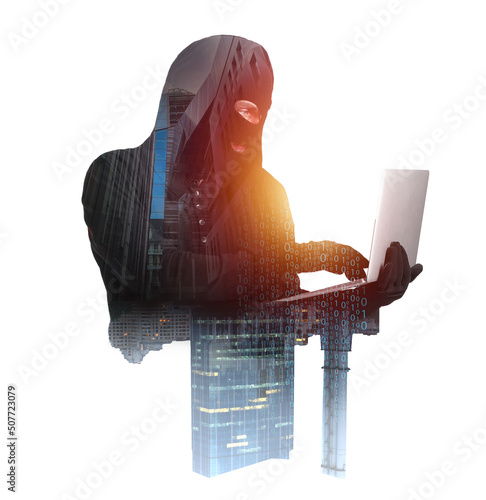 Hacker with laptop on white...