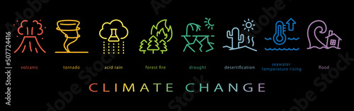 気候変動　ネオンカラーのラインアイコン