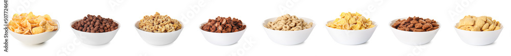 Bowls with different tasty breakfast cereals on white background