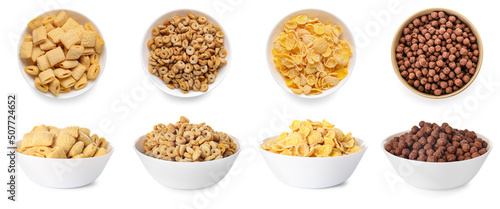 Set of bowls with different tasty breakfast cereals isolated on white