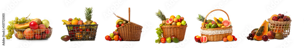 Set of baskets with different fruits on white background Set of baskets with different fruits on white background