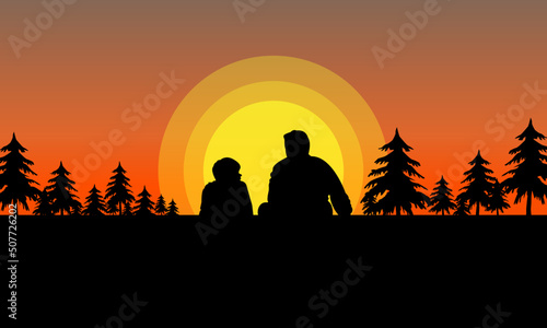 Father and son sit at sunset time flat design 
