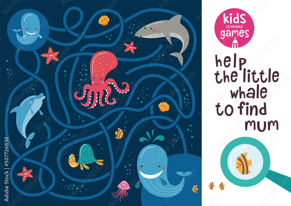 Funny maze for children. Help the little whale to find mum. Kids learning games collection.