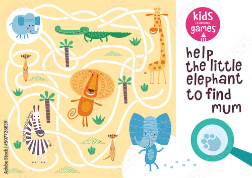 Funny maze for children. Help the little elephant to find mum. Kids learning games collection. 