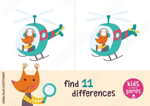 Find the differences. Kids learning games collection. Squirrel in a cartoon style is going by helicopter.