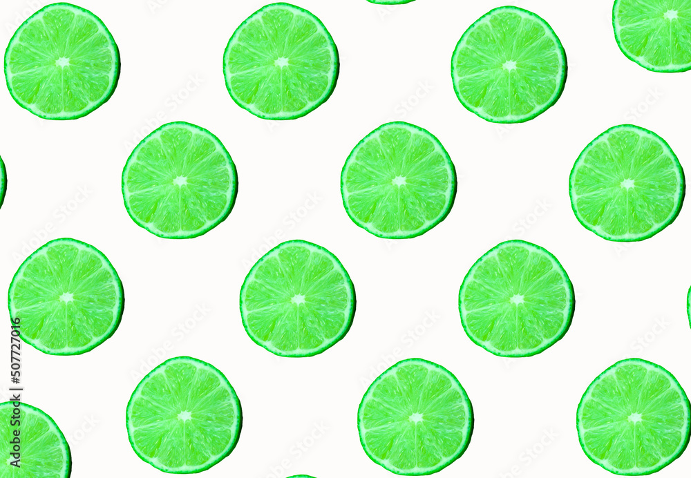 Lemon pattern (Citrus aurantifolia Swingle), white background and copy space.