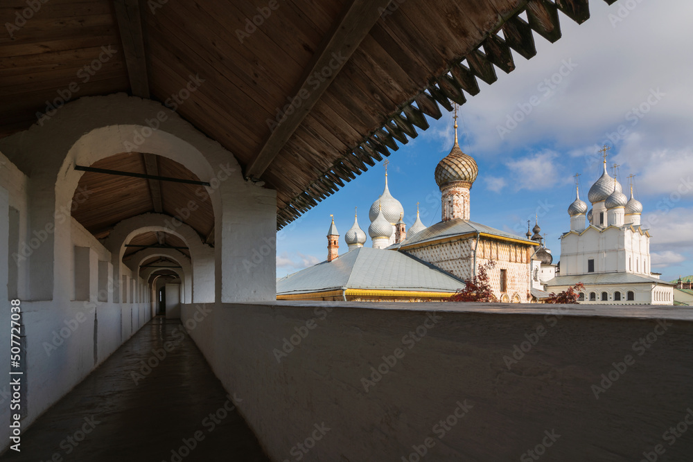 View of the gallery of the Rostov Kremlin Wall on a sunny day, Rostov Veliky, Yaroslavl region, Russia