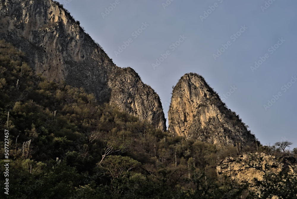 two divided mountains with trees in the background