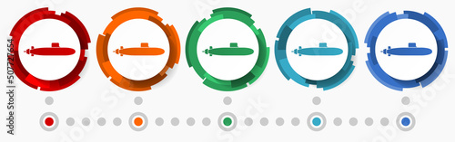 Submarine, army concept vector icon set, modern design abstract web buttons in 5 color options, infographic template for webdesign and mobile apps