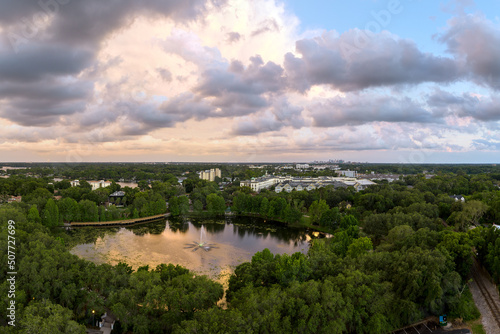 Aerial view of Lake Lily in Maitland, Florida during sunset. May 29,2022