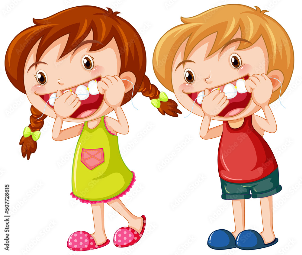 Cute kids cartoon character flossing teeth Cute kids cartoon character flossing teeth