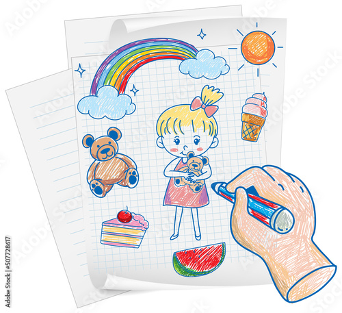 Coloured hand drawn cute girl and objects