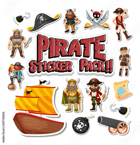 Sticker pack of pirate cartoon characters and objects