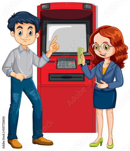 A man withdraw money from atm machine and his wife cartoon character
