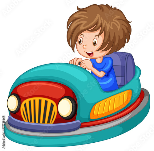 Little boy driving bumper car in cartoon design